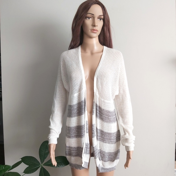 wild pearls cream gray stripes knit open cardigan long line 100% cotton - Picture 1 of 14